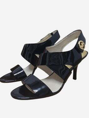 Black Patent Leather Strappy Heels with Gold Logo Accent Size 8 M